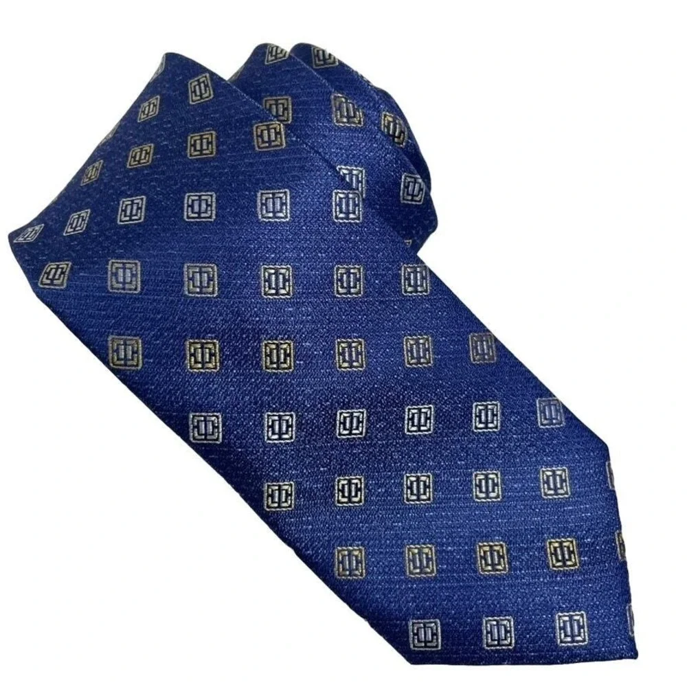 Pronto Uomo Platinum Designer Necktie Silk Blue Pewter Gold‎ Squares Tie